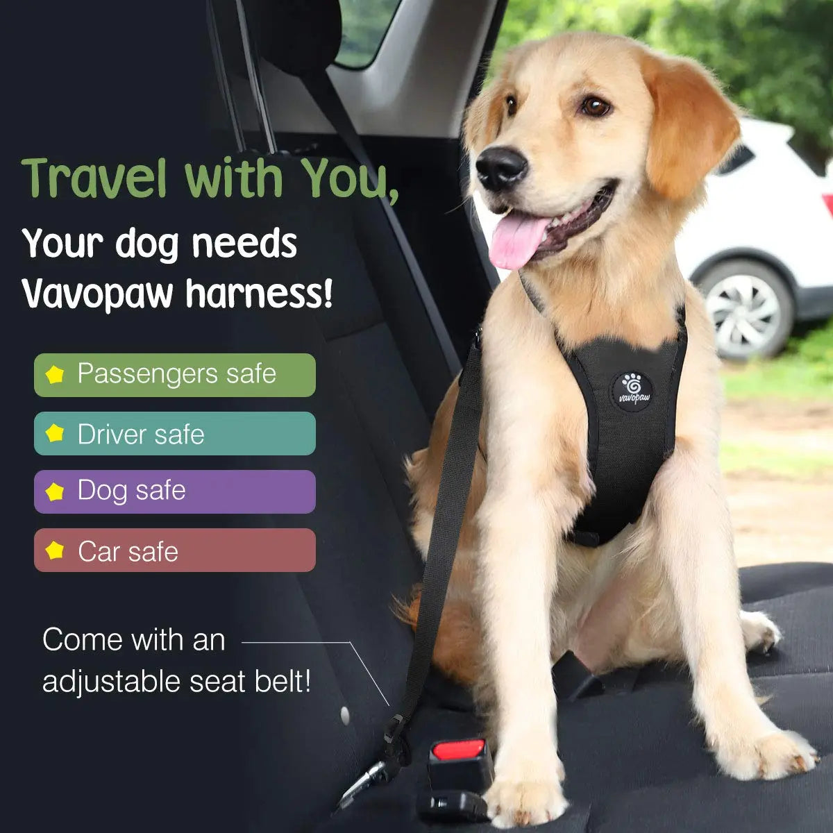 VavoPaw Dog Seat Belt, Safety Vest Dog Car Harness with Adjustable Buckle Dog Seat Belt for Vehicle, Heavy-Duty Nylon Pet Safety Seat Belt (L, Black) My Store